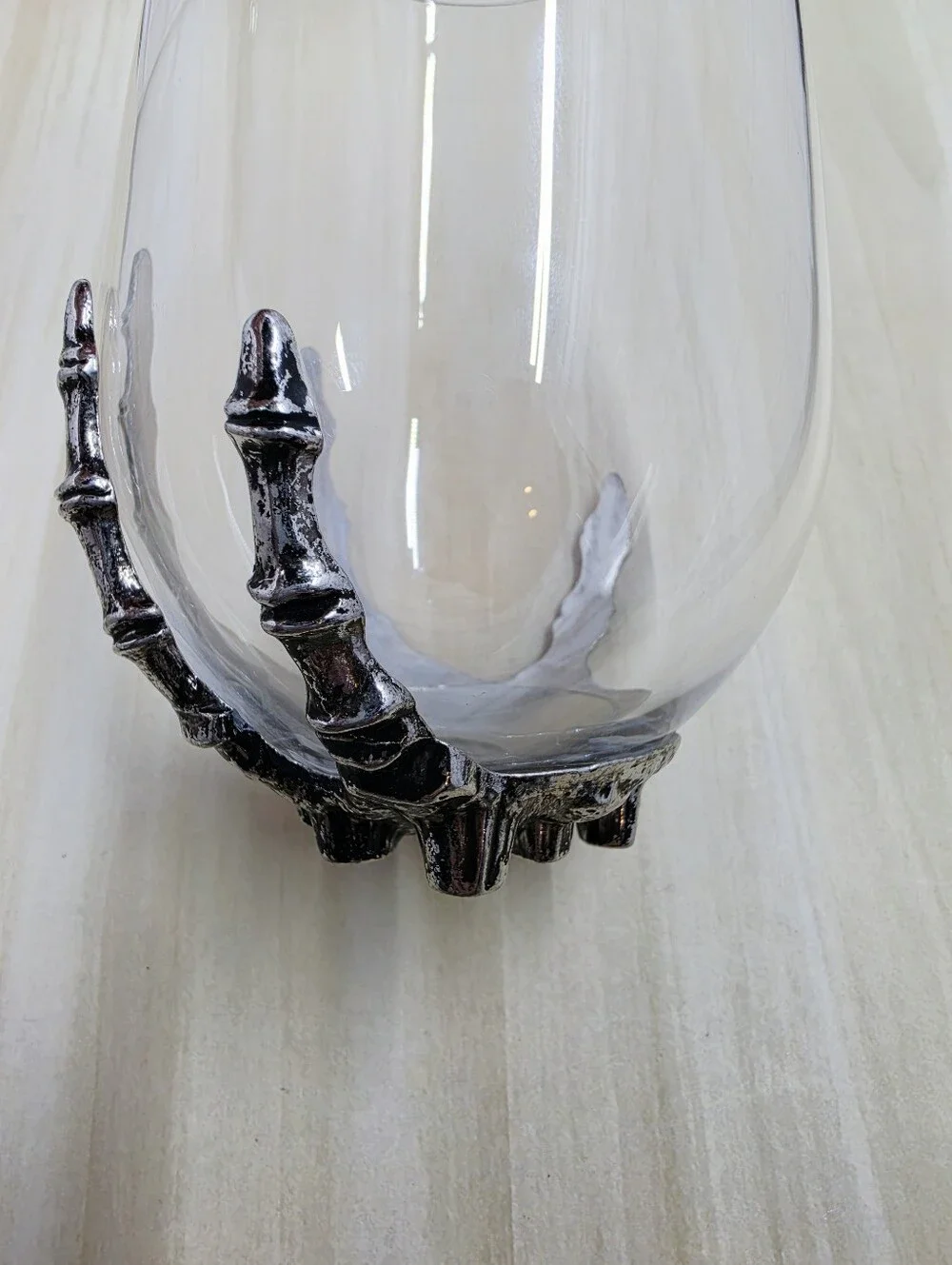Pottery Barn Silver Skeleton Stemless Wine Glass Hand Blown Halloween 14oz
